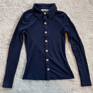 BODEN Navy Ribbed Knit Button Front Top Jeweled Crystal Buttons Long Sleeve US 2